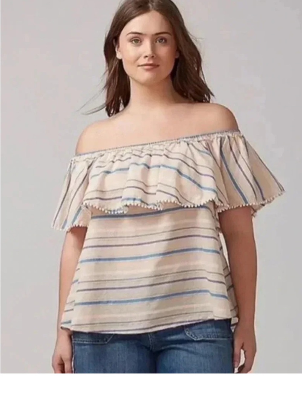 Lane Bryant Beige Off-Shoulder Striped Ruffle Top Size 14/16 lightweight Boho